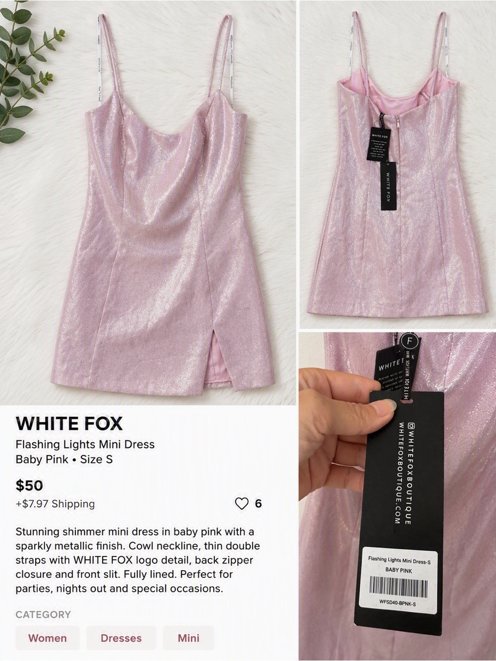 White Fox Flashing Lights Mini Dress Baby Pink Shimmer NWT Size Small